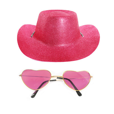 ROSA GLITZER COWBOYHUT & BRILLE EPOCHEN TOUR KONZERT COWGIRL KOSTÜM PAKET