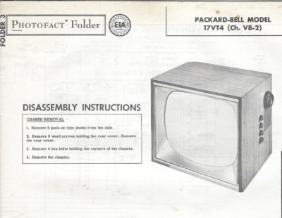 1958 PACKARD-BELL 17VT4 TELEVISION Tv Receiver Photofact MANUAL Schematic V8-2