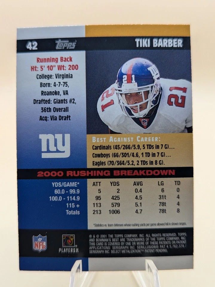 2001 Bowman's Best Tiki Barber football card #42 New York Giants - Image 2 of 2
