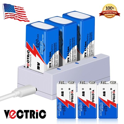 VECTRIC 800mAh Li-ion 9V 6F22 Rechargeable Batteries + 9 Volt USB Smart Charger