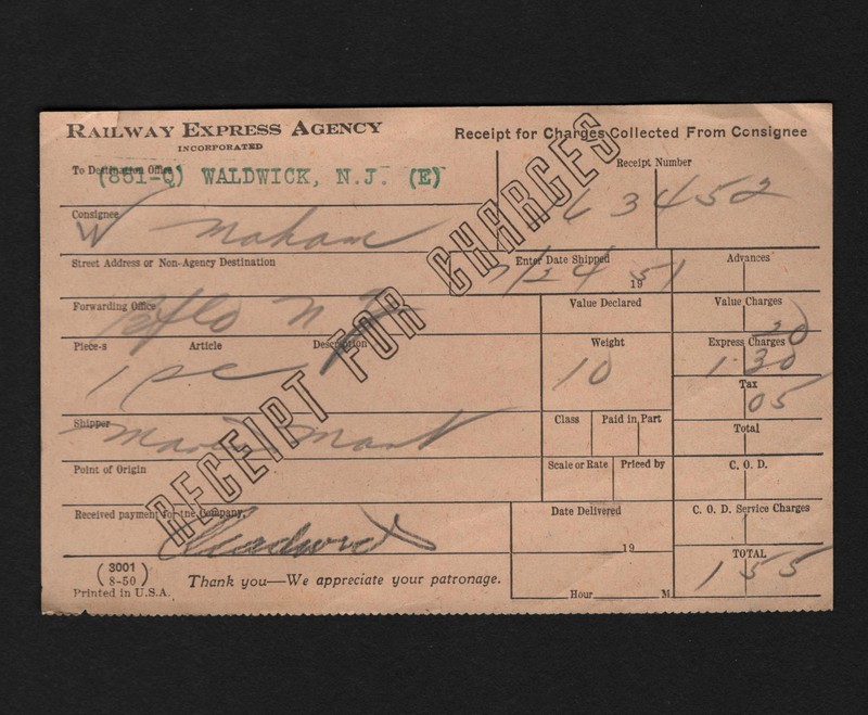 OPC 1951 Waldwick NJ Railway Express Agency Receipt
