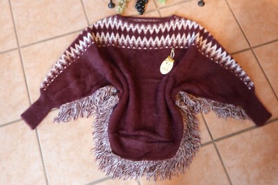 Y&Y Pullover Poncho 42- 52 EG NEU bordeaux Fransen Norwegermuster weit LAGENLOOK