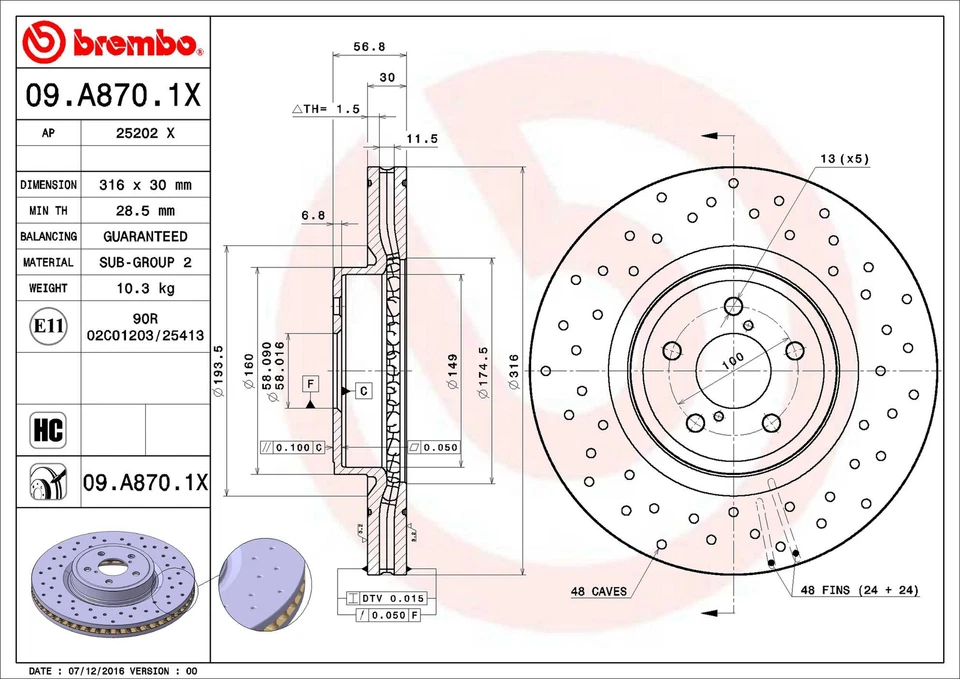 Rotor de freno de disco delantero Brembo 09.A870.1X 316 mm para Subaru Forester 2014-2018 Foto 3 de 4