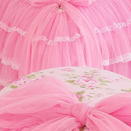 Korea Pink Princess Bedding Set Lace Bow Ruffles Flower Printed Cover Bed Skirt - Image 4 of 4