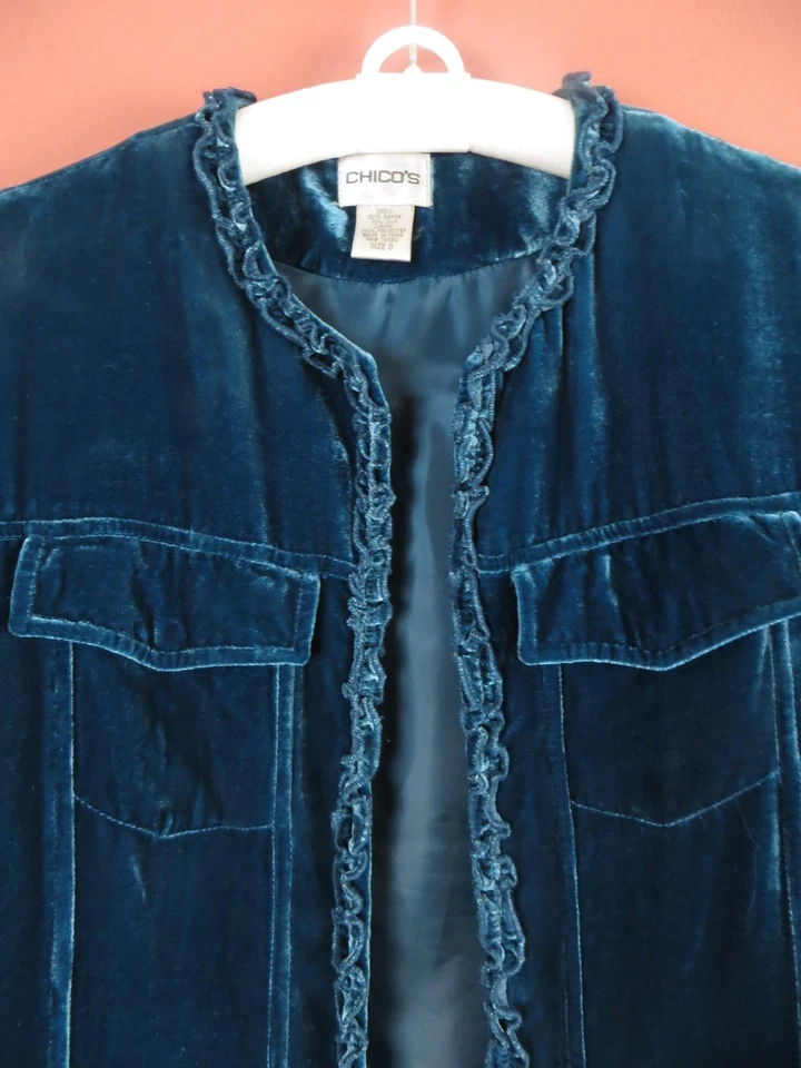 CJ0422- CHICO'S Woman Rayon Silk Open Front Jacket Deel Teel Blue Ruffle 0 XS-S - Image 4 of 4
