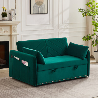 3 in 1 Convertible Sofa Bed, Pull Out Sleep Sofa Bed with USB Port & 2 Pillows