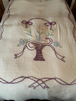 Chenille Bedspread Full/Queen Flower Basket Few Holes Cutter Craft Vintage