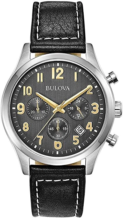 Bulova Men's Quartz Chronograph Black Leather Calendar Watch 41mm 96B302