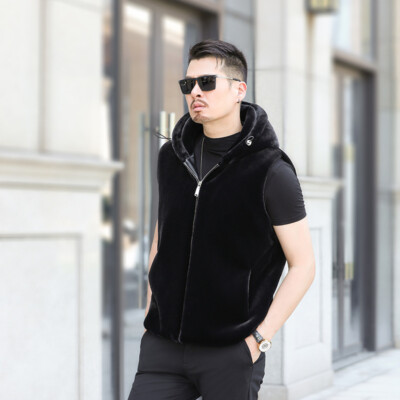 Mens Hooded Faux Mink Cashmere Fur Vest Sleeveless Gilet Jackets