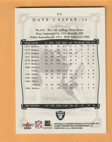 Dave Casper Oakland Raiders 2004 Greats of the Game #66 Notre Dame 9B - 第 2/2 張圖片