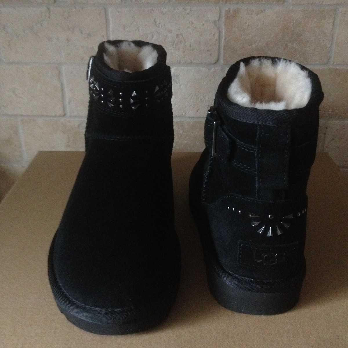 UGG Jadine Deco Studs Studded Black Suede Fur Buckle Moto Mini