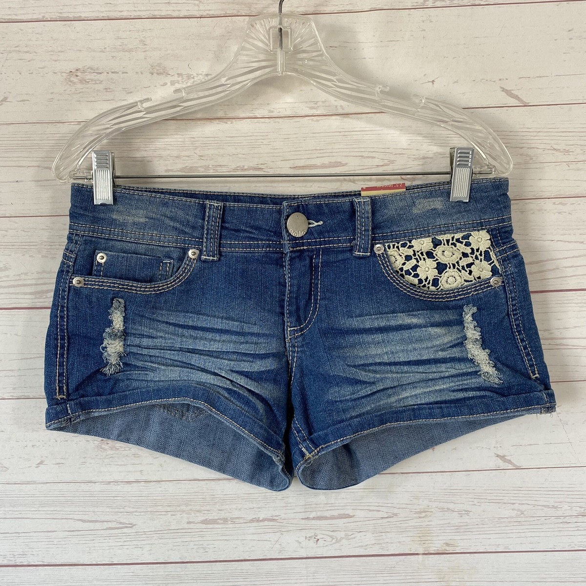 No Boundaries Crochet Pocket Jean Shorts Sz 9 Blue Stretch