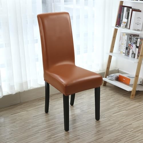 Fundas para sillas de comedor, cuero PU liso impermeables y paquete de 6 marrón claro - Imagen 6 de 7
