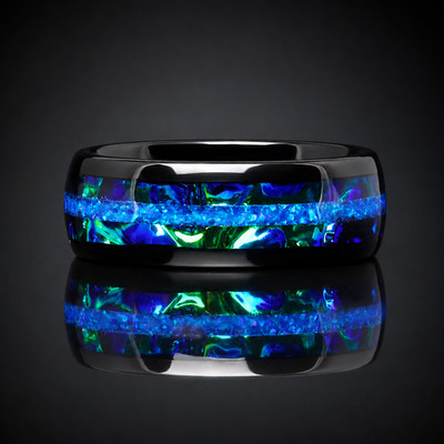Blue Fire Opal Black Tungsten Ring Men s Wedding Band Nebula Inlay 8mm