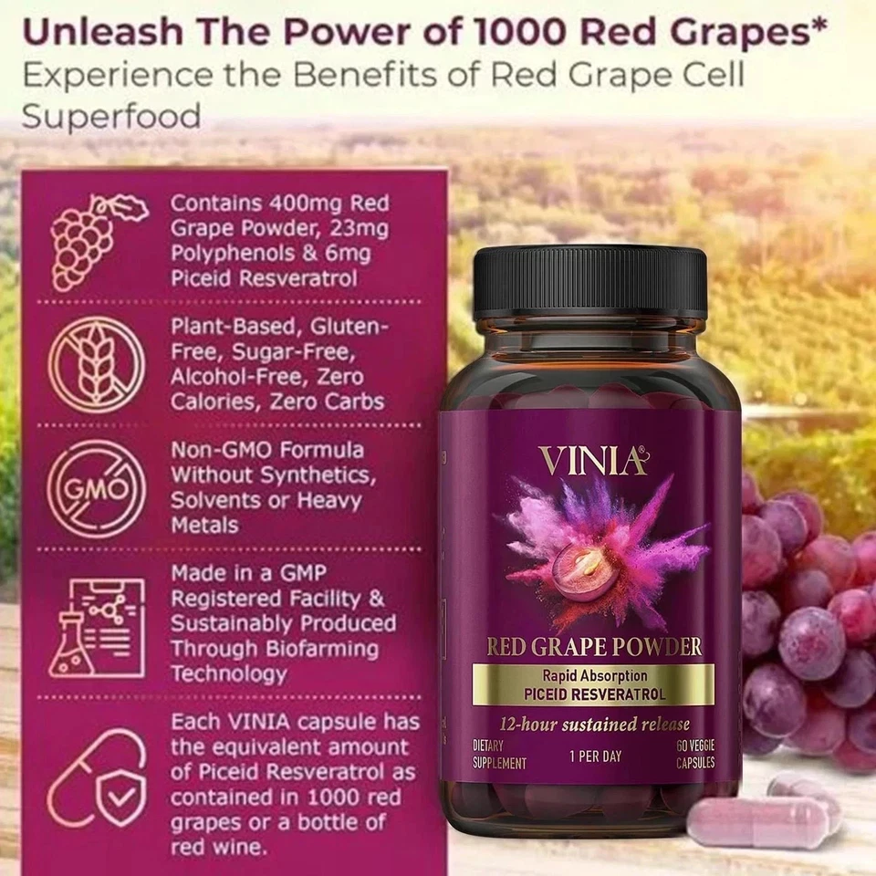 Polvo de uva roja Vinia absorción rápida piceid resveratrol 60 cápsulas vegetales - 5 piezas Foto 4 de 4