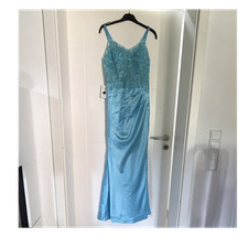 Damen Abendkleid lang blau Satin mit Spitze V...