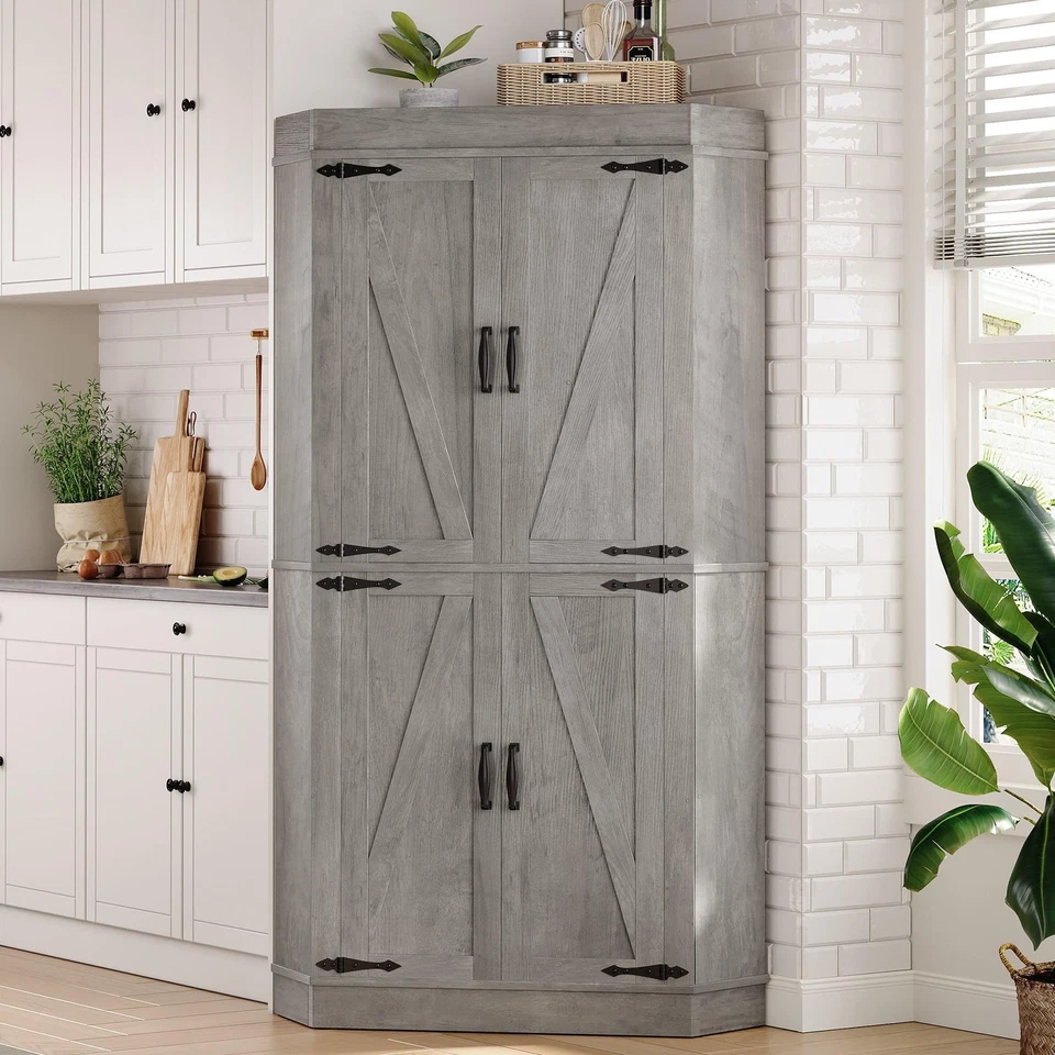 Mueble Esquinero, Despensa Cocina Almacenaje Armario con 4 Puertas y Estantes,... Foto 3 de 4