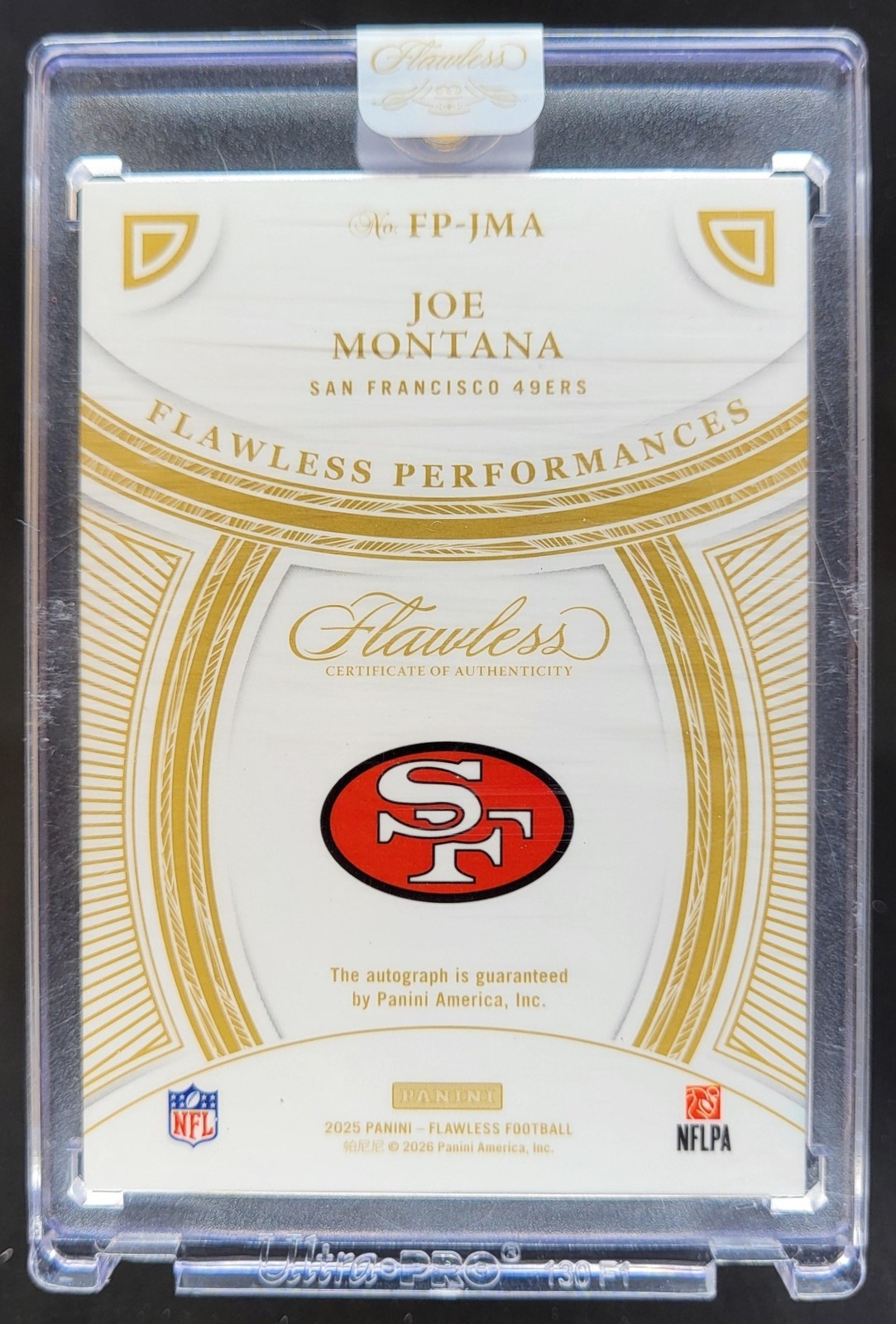 2025 Panini Flawless Joe Montana Performances Ruby 15 Auto 49ers JJ5 G2U view 2