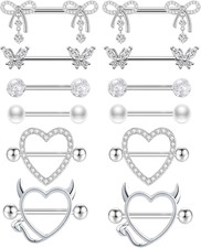 6 Pairs 14G Nipple Rings for Women 316L Stainless Steel Heart Bow CZ Flower Barb