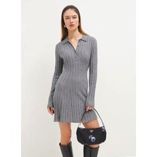 Reformation Walsh Cashmere Polo Collar Mini Dress Small Grey Ribbed Long Sleeve