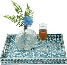 Serving Tray 15.7" X11.8", Lacquer Mother of Pearl Inlay Mosaic Tray (Blue)