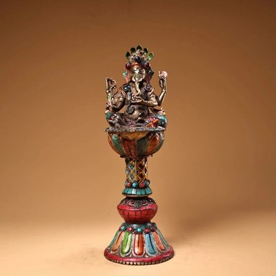 Bronze Painted Outline in gold Mosaic Gem Turquoise GANESH Buddha Candlestick