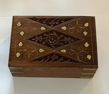 Handmade Brass Fitted Wooden Jewelry Box Indian Rosewood Floral Hand Carved 6x4