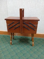 VTG Wood Sewing Box Accordion 3 Tier Fold Out Chest - Mid Century Modern W/extra