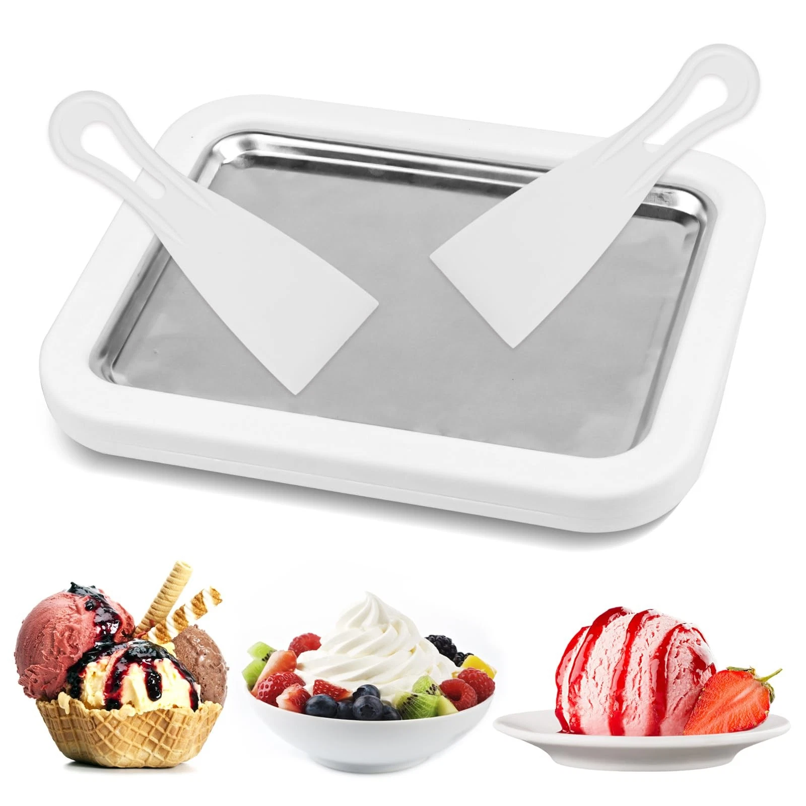 Jognee Ice Cream Roller Maker Pan, White, Includes 2 Spatulas, Manual White