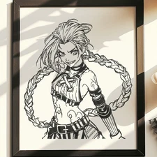 Hand Drawn (Not a Print) Jinx Framed Pen and Ink Art Drawing Anime Wall Decor