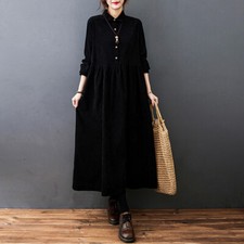 Damen Freizeit Kord Kleid Retro Lang Big Swing Lose A-Linie Täglich Büro Chic