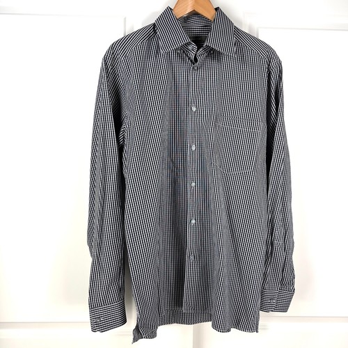 Ermenegildo Zegna  Button Down Dress Shirt Men L Black White Striped Cotton