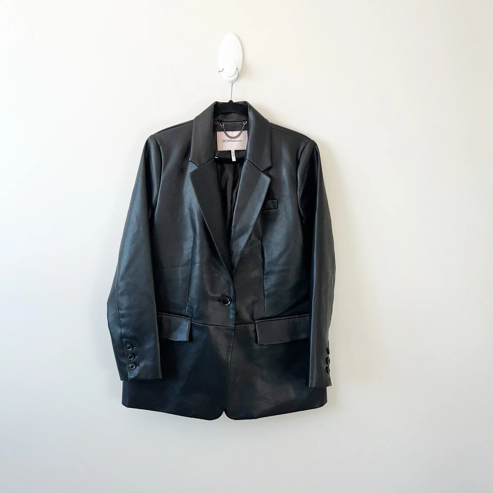 BCBGMAXAZRIA Faux Leather Blazer Jacket Black One Button Womens Size Medium $348 - Image 4 of 4