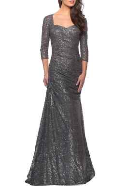 NEW LA FEMME Ruched Sequin Trumpet GOWN DRESS SIZE 12 $438 GUNMETAL  NORDSTROM