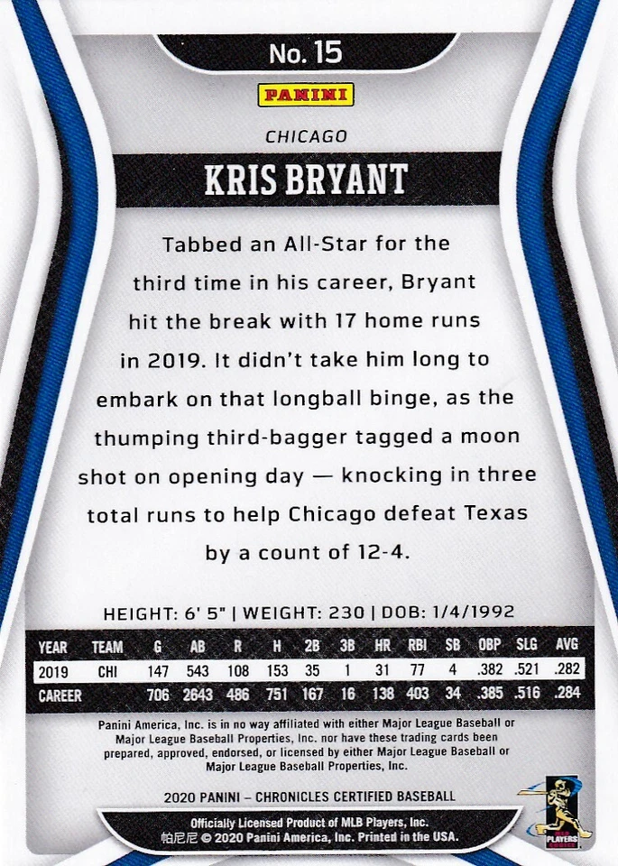 2020 CHRONICLES CERTIFIED KRIS BRYANT CHICAGO CUBS BASEBALL - B4648B - Image 2 of 2