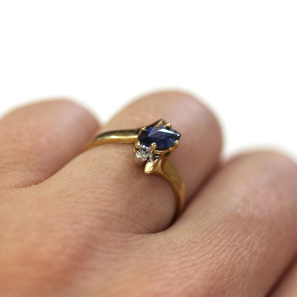 0.8 ctw Natural Blue Marquise Sapphire Diamond Solid 14k Yellow Gold Bypass Ring - Image 4 of 4