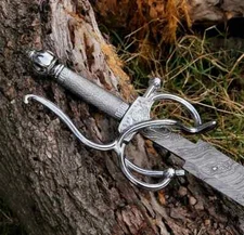 Hand Forged Damascus Steel Rapier Sword With Leather Sheath, Medieval Sword