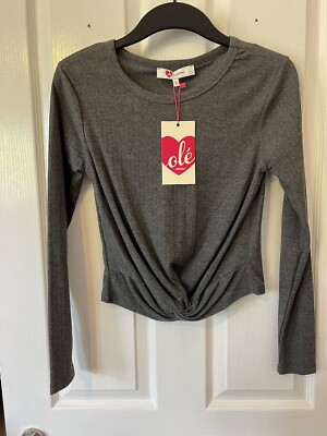 Grey long sleeve Cropped ribbed Knot Front Detail Round neck Stretchy Sexy Top