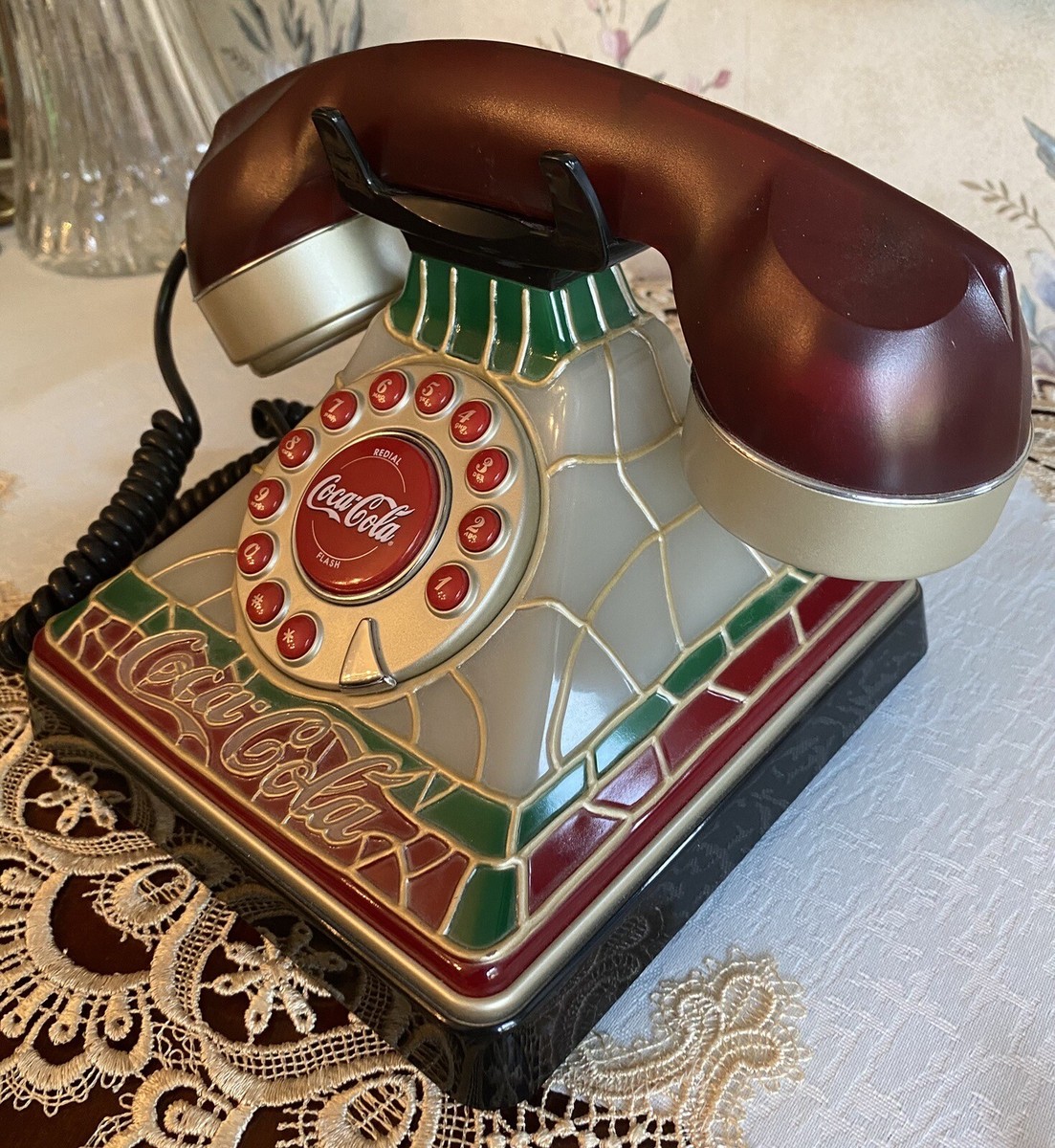 Vintage Coca-Cola Telephone Light Up Stained Glass Look 2001