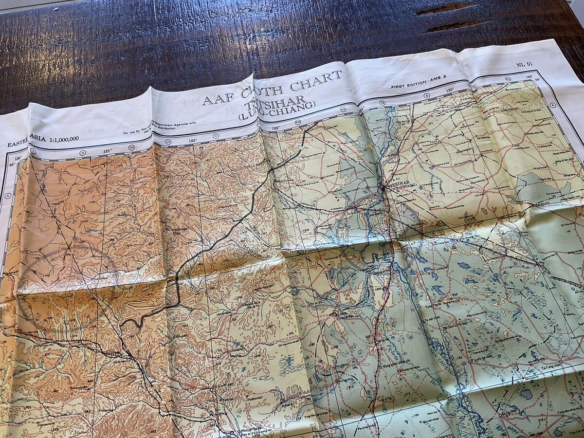 ORIGINAL WWII USAAF 14TH AF PILOT SILK MAP BUIR NOR TSITSIHAR