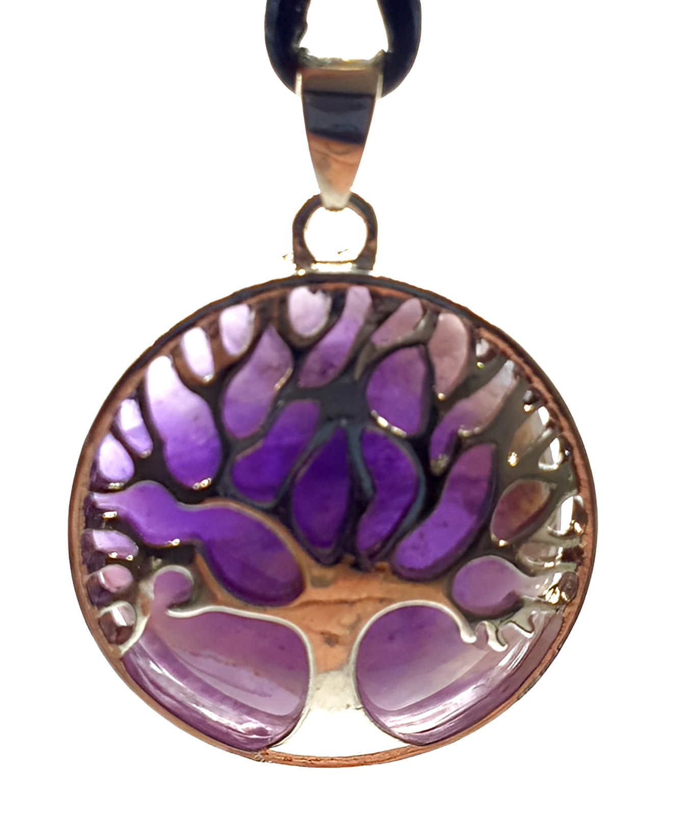 Tree of Life Amethyst Necklace Pendant Gemstone Round Cord Chakra Emotion Stone