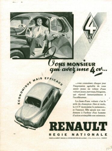 Publicité ancienne voiture automobile Renault 4 CV 1948 issue de magazine - Photo 1/1