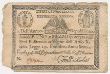 ITALIAN STATES (REPUBBLICA ROMANA) banknote 1 1/2 Paoli 1798 VF Very Fine