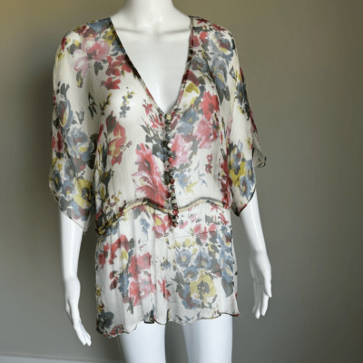 Boho Floral Sheer Chiffon Bell Sleeve 100% Silk Top