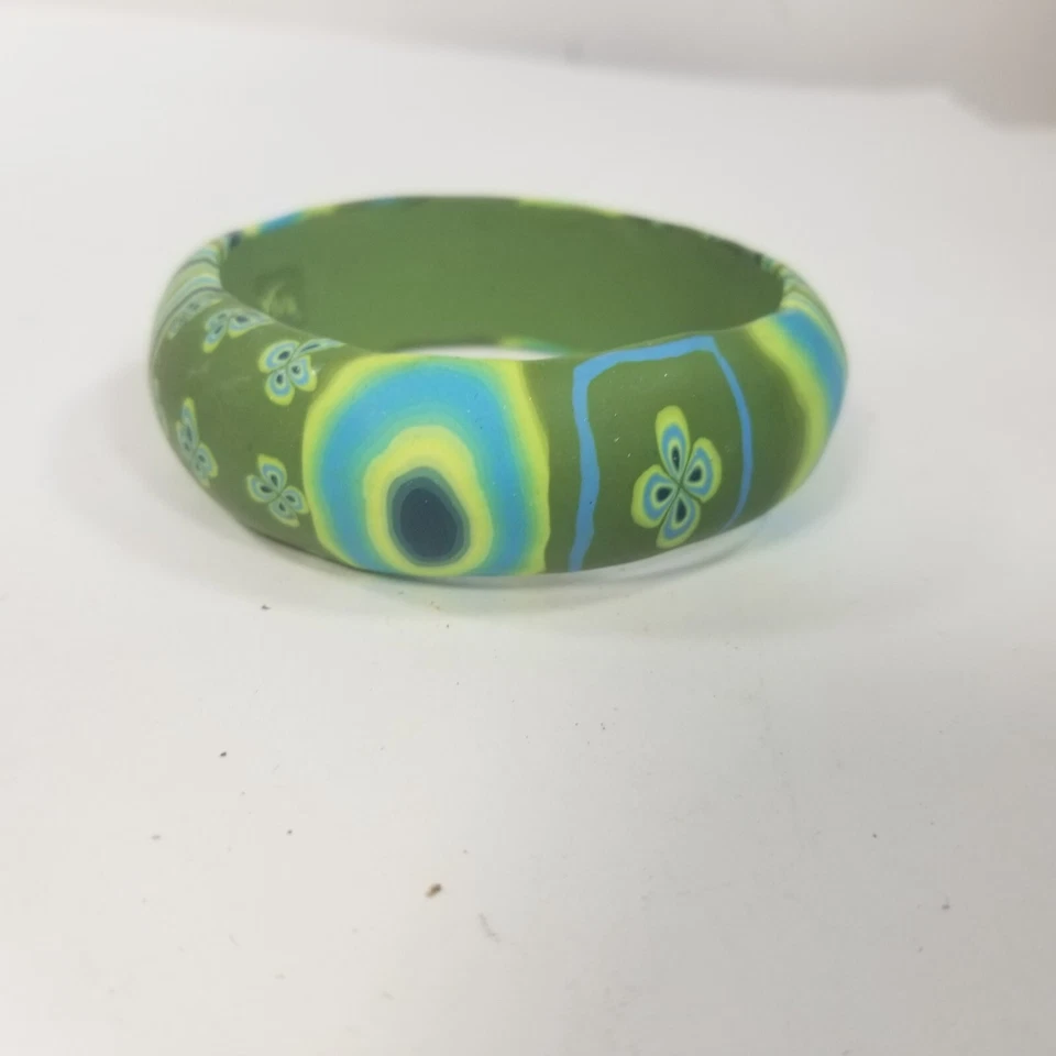 Vintage Dyed Rubber? Bangle Green Blue Yellow Floral Flowers Viva - Image 2 of 4