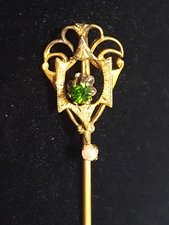 ALLCO Stick Pin Antique Victorian Revival GF Green Stone Faux Pearl Ornate