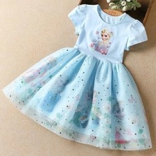 Girls Frozen Fashion Elsa Short Sleeve Cute Party Dress 2Y-9Y