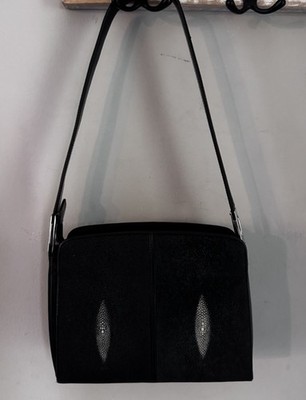 Genuine Stingray Leather Black Shoulder Bag With Zipper And Inside Pockets