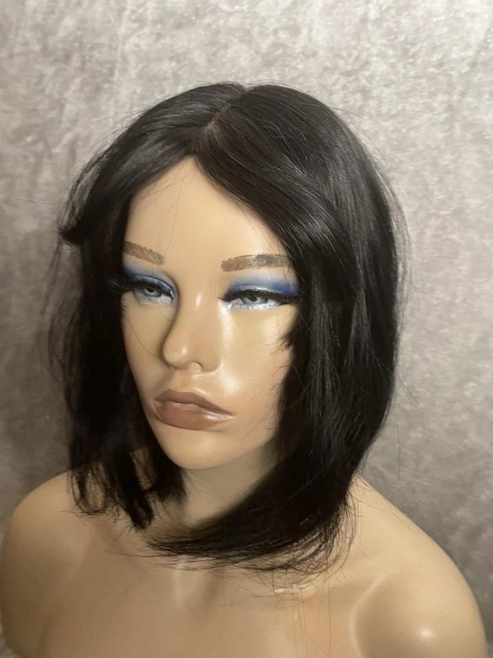 Слоистый топпер для человеческих волос Remy с челкой | шелковая основа 5x6 | угольно-черный - Изображение 3 из 4