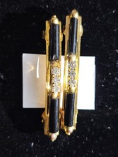 2p Vtg Set Of Barrettes Hair Clips Rhinestones Black Celluloid Goldtone 2.25"